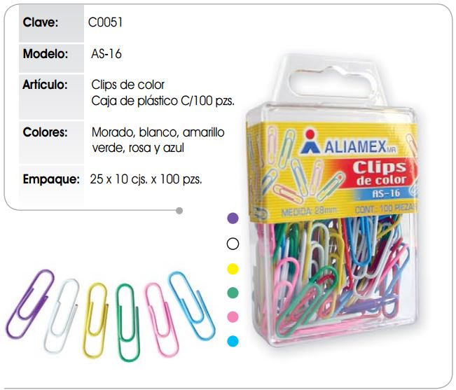 CLIP STANDAR DE COLOR.C/100 AS16 ALIAMEX