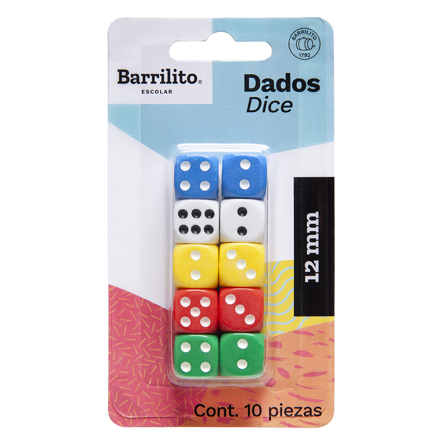 DADOS DE 12 MM COLORES SURT. C/10  DS12B 986133 BARRILITO (CO
