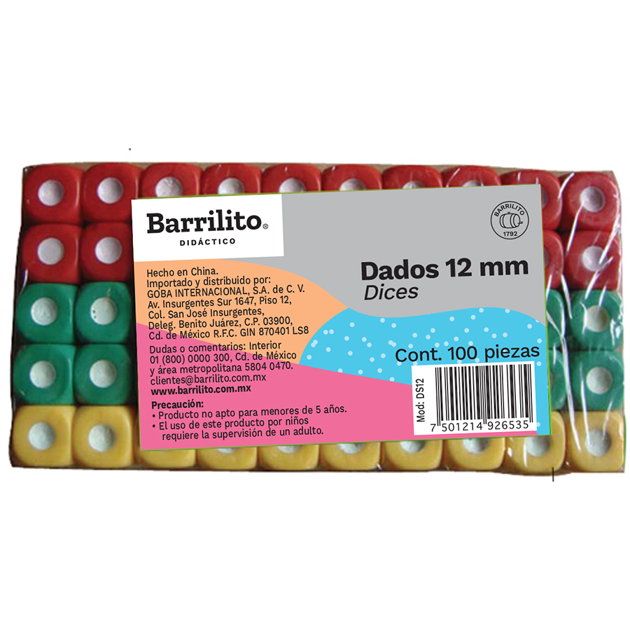 DADOS DE 12 MM COLORES SURT. C/100  DS12 926535 BARRILITO