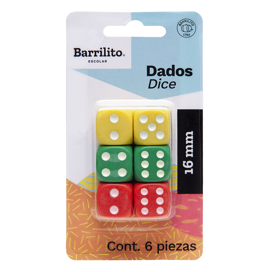 DADOS DE 16 MM COLORES SURT. C/06  DS16B 986157 BARRILITO (CO