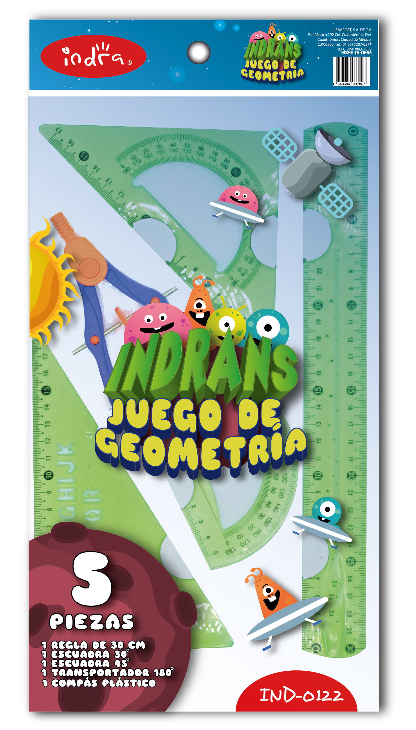 JUEGO DE GEOMETRIA GRANDE IND-0122 INDRA 037867 C/COMPAS DE P